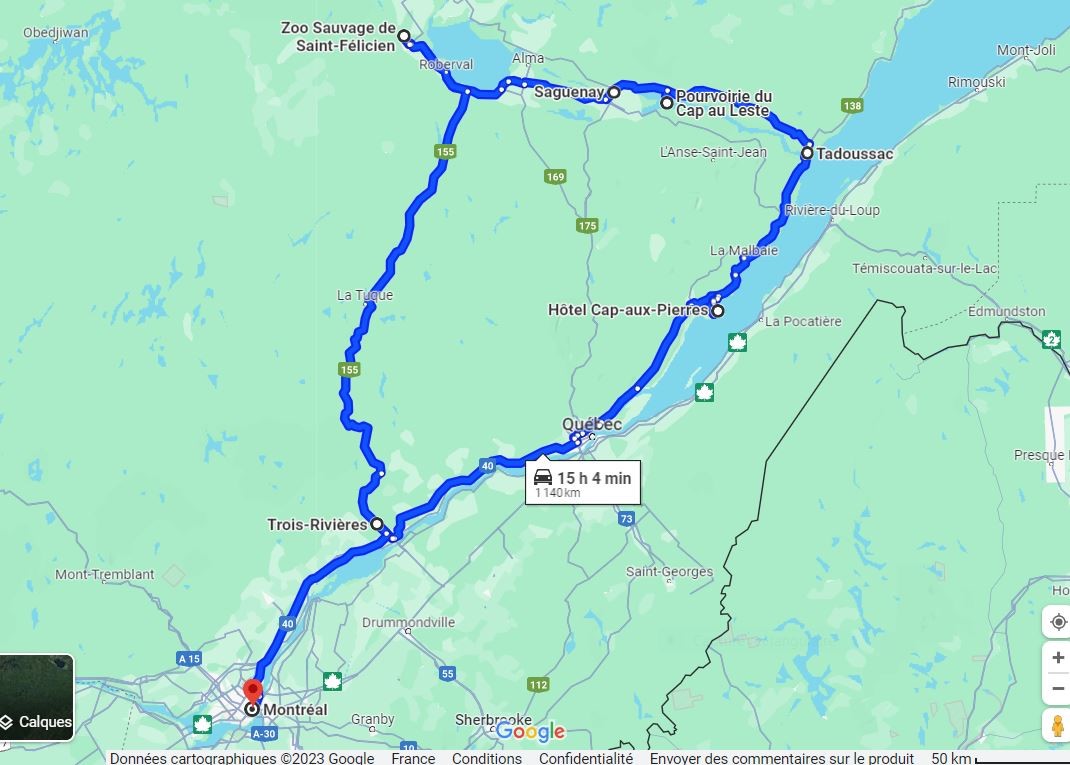 Carte du Québec avec les points d'étapes d'un parcours Montréal à Montréal