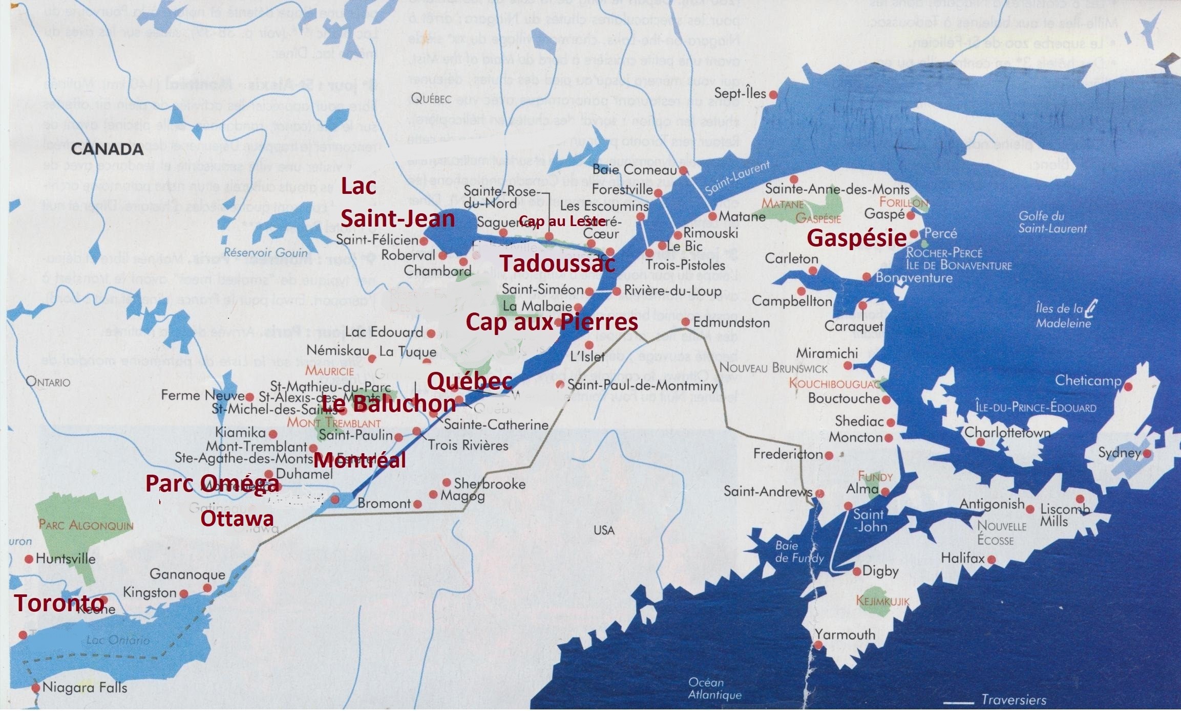 Carte du Québec avec les points d'étapes d'un parcours Toronto à Montréal